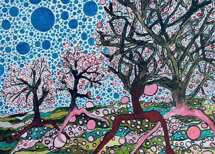 Dancing Trees 2, 2024, watercolor and ink, 10 x 12 in. / 25.4 x 30.48 cm.