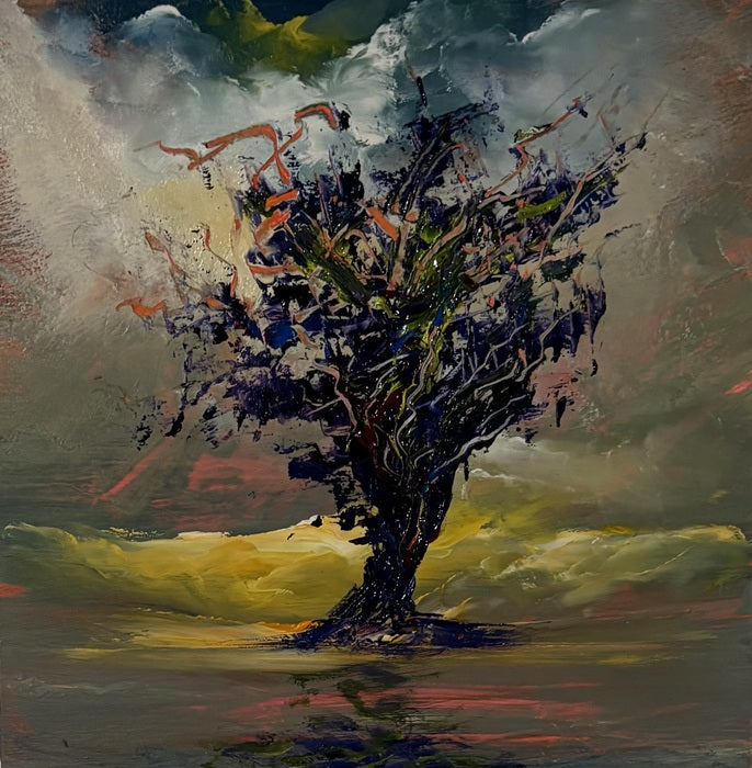 Sky, Water, and a Tree, 2025, oil, 6 x 6 in. / 15.24 x 15.24 cm.