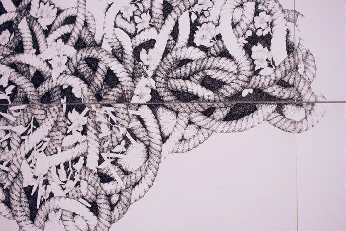 A Different Kind of Work: Bullets, Rods, and Leaves, 2025, mixed media, 54 x 72 in. / 137.16 x 182.88 cm.