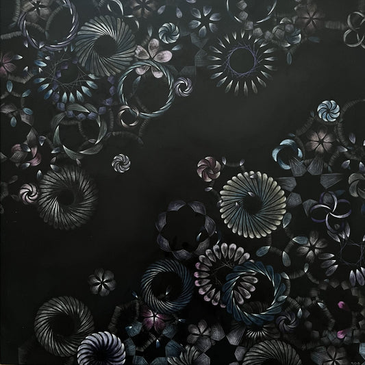 Celestial Garden, 2025, scratch art, 12 x 12 in. / 30.48 x 30.48 cm.