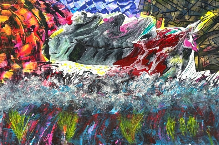 Conflagration, 2025, acrylic and mixed media on board, 24 x 36 in. / 60.96 x 91.44 cm.