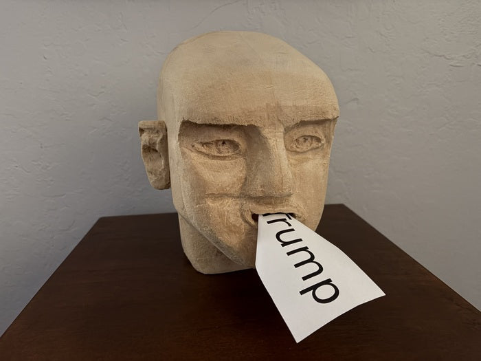 Breakfast, 2025, basswood, 9.5 x 7.5 x 10 in. / 24.13 x 19.05 x 25.4 cm.