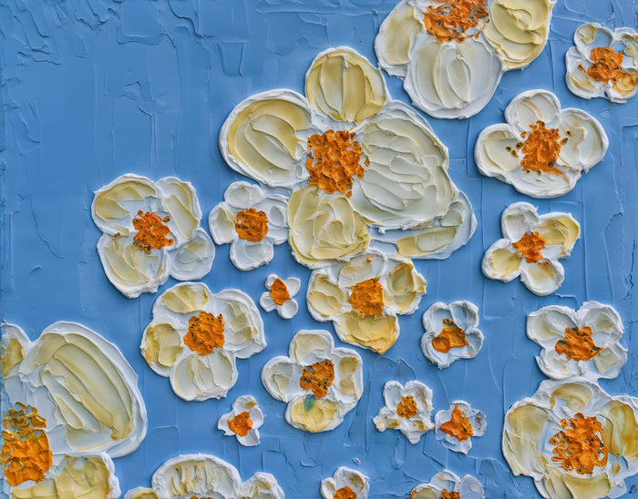 Yellow Aquatic Flowers, 2025, acrylic and spackle, 20 x 16 in. / 50.8 x 40.64 cm.