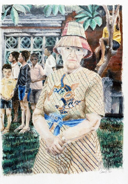 New to Bali, 1986, oil pastel, 33 x 25 in. / 83.82 x 63.5 cm.