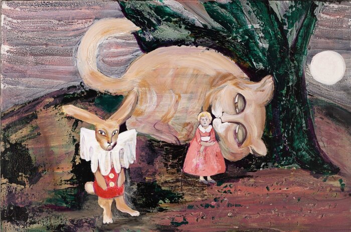 Self Portrait with the Moon, 2023, acrylic on wood, 16 x 24 in. / 40.64 x 60.96 cm.