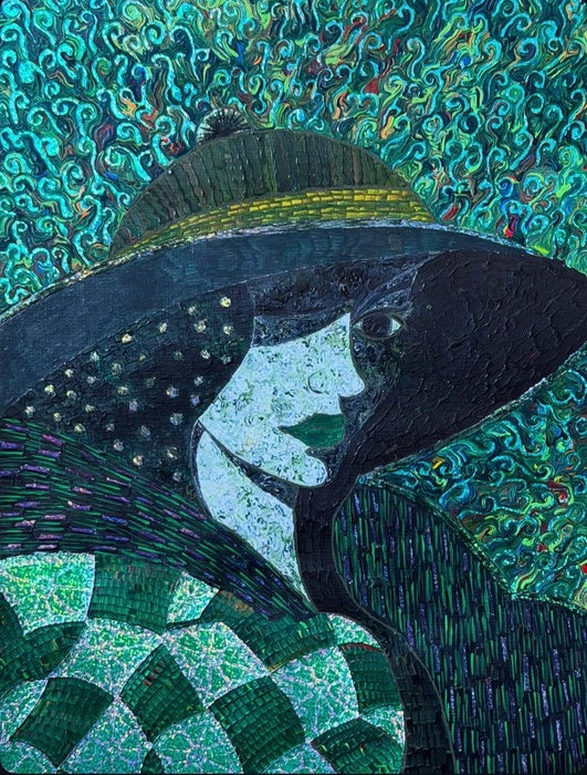 Tribeca Girl Waiting for Spring, 2026, acrylic and holofoil on paper, 16 x 12 in. / 40.64 x 30.48 cm.