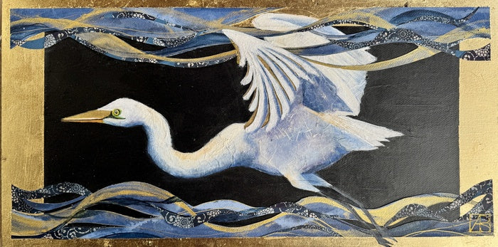 Egret Flow, 2025, mixed media, 12 x 24 in. / 30.48 x 60.96 cm.