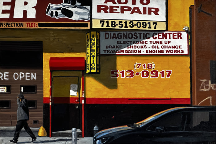 Bruckner Boulevard Auto Repair, 2023, oil on wood board, 24 x 36 in. / 60.96 x 91.44 cm.