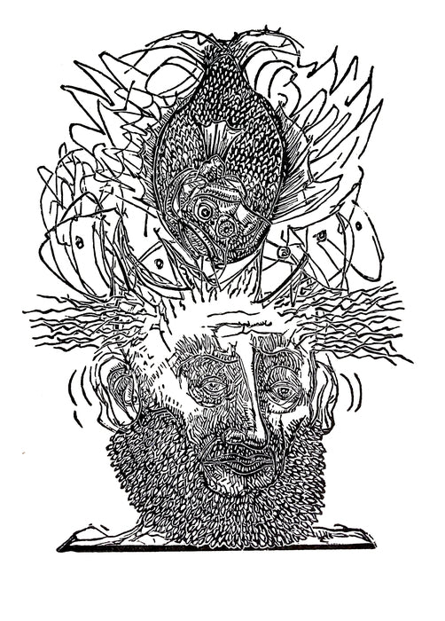 Fish Dream 7, 2024, wood engraving, 6 x 4.5 in. / 15.24 x 11.43 cm.