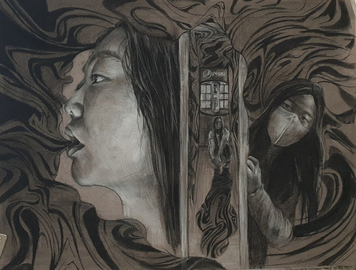 Mystery, 2021, charcoal on toned paper, 16 x 22 in. / 40.64 x 55.88 cm.