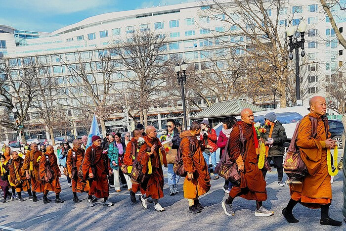 Peaceful Protest - Buddhist Monks Near End of 2300-Mile Trek, 2026, photography, 12 x 8 in. / 30.48 x 20.32 cm.