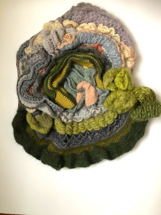 Green Forms, 2026, crochet, 17 x 14 x 3 in. / 43.18 x 35.56 x 7.62 cm.