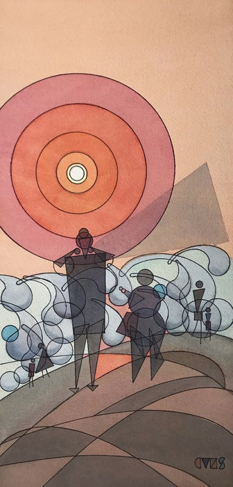 Beach's Sunset Silhouettes Abstracted, 2022, watercolor and ink, 20 x 10 in. / 50.8 x 25.4 cm.