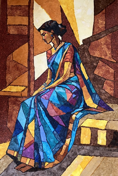 Woman in a Saree, 2026, fabric collage on canvas board, 20 x 30 in. / 50.8 x 76.2 cm.