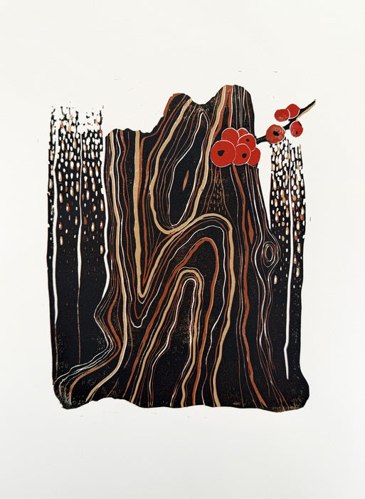 Winter Woods 1, 2025, linocut, 12 x 9 in. / 30.48 x 22.86 cm.