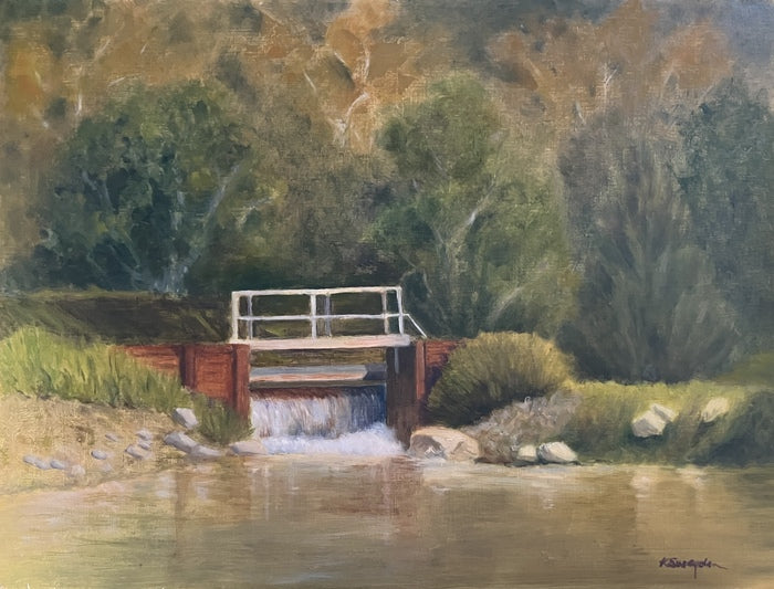 Arroyo Holding Pond, 2026, oil on linen panel, 8 x 10 in. / 20.32 x 25.4 cm.