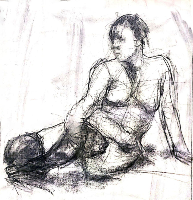Female Seated on Floor Leaning Back #167, 2022, charcoal, 18 x 18 in. / 45.72 x 45.72 cm.