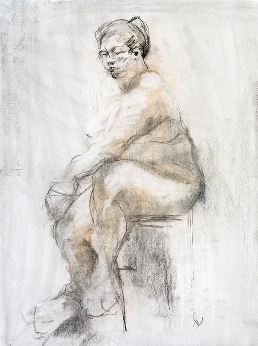 Full Figure Female Model Seated on a Stool #10, 2012, charcoal and chalk pastel, 24 x 18 in. / 60.96 x 45.72 cm.