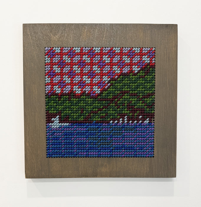 Melancholia Landscape in Needlepoint, 2026, tapestry, 10 x 10 in. / 25.4 x 25.4 cm.