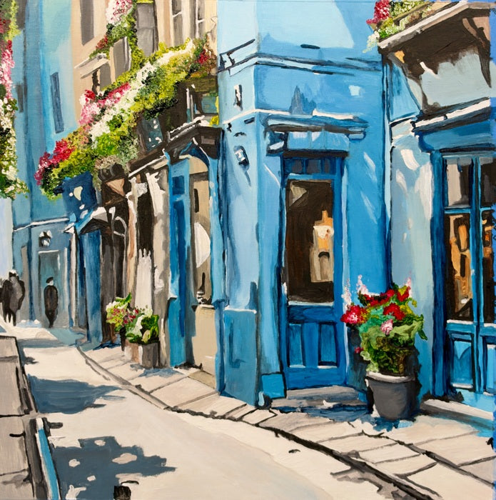 Blue Street in Afternoon Light, 2026, acrylic on linen canvas, 16 x 16 in. / 40.64 x 40.64 cm.