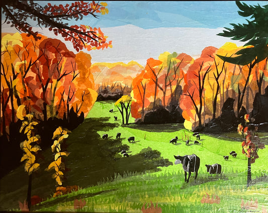 Bovine Paradise, 2024, tissue paper collage, 24 x 30 in. / 60.96 x 76.2 cm.