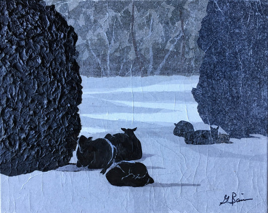 Super Moon Night with Cows, 2023, tissue paper, 16 x 20 in. / 40.64 x 50.8 cm.