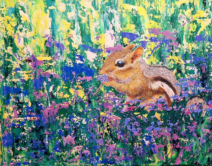 A Chipmunk in a Meadow Eating Clover, 2024, acrylic on canvas, 8 x 11 in. / 20.32 x 27.94 cm.
