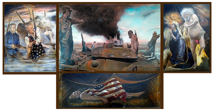 Attack on the Magic Kingdom, 2022, oil on masonite, 4.5 x 7 ft. / 54 x 84 in.