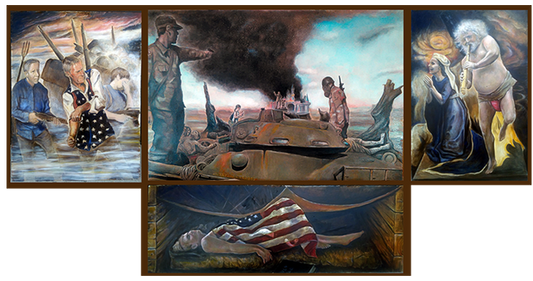 Attack on the Magic Kingdom, 2022, oil on masonite, 4.5 x 7 ft. / 54 x 84 in.