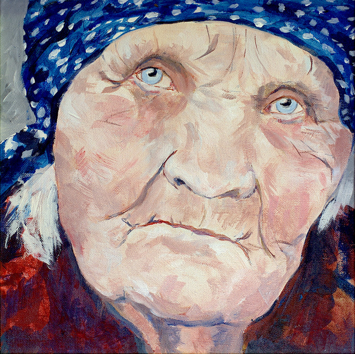 Babushka in Blue Kerchief, 2016, acrylic on canvas, 13 x 13 in. / 33.02 x 33.02 cm.
