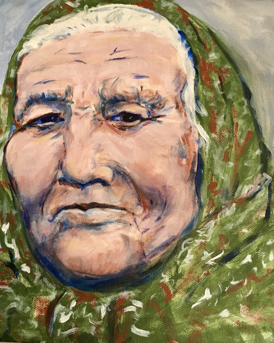 Babushka in Green Kerchief, 2018, acrylic on canvas, 13 x 13 in. / 33.02 x 33.02 cm.