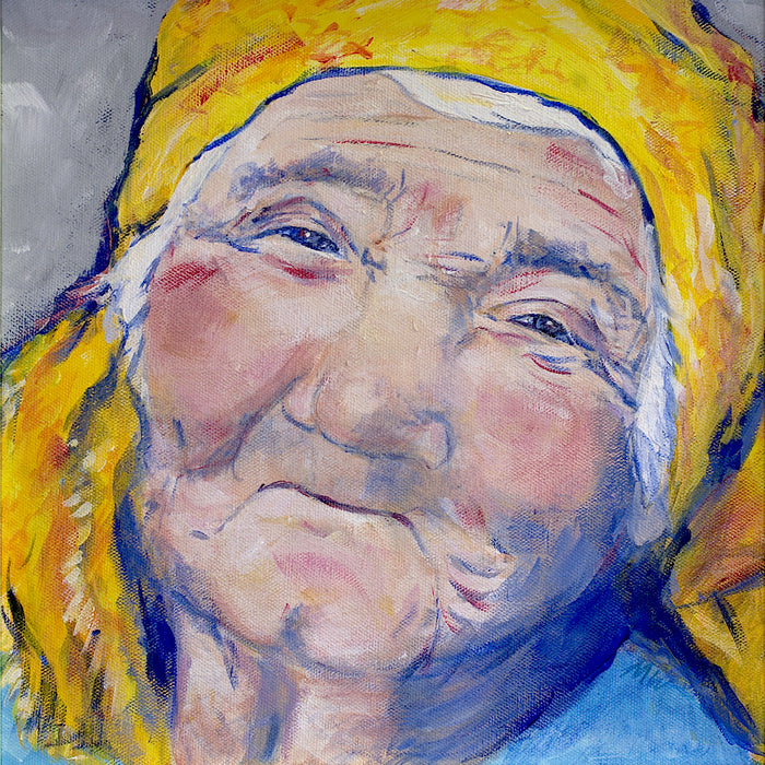 Babushka in Yellow Kerchief, 2016, acrylic on canvas, 13 x 13 in. / 33.02 x 33.02 cm.