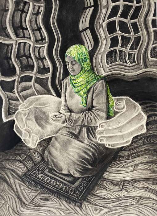 Beneath the Veil of Prayer, 2024, charcoal and marker, 24 x 18 in. / 60.96 x 45.72 cm.