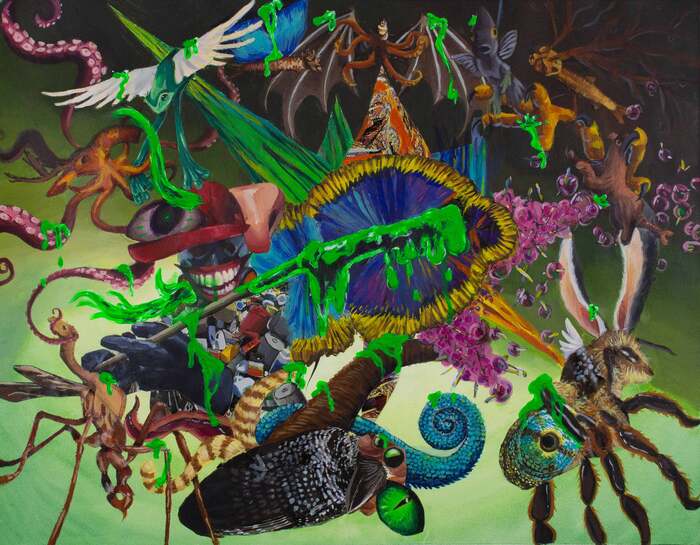 Biochemical Frenzy, 2024, acrylic paint with mixed media, 19 x 24 in. / 48.26 x 60.96 cm.