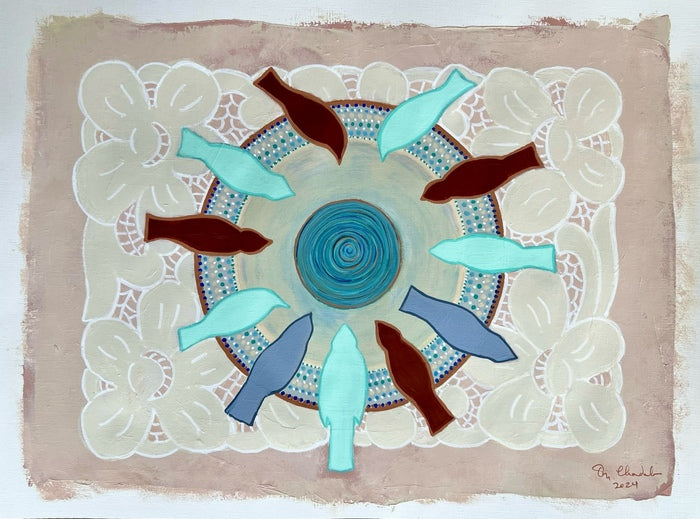 Birds Feeding, 2023, mixed media, 18 x 24 in. / 45.72 x 60.96 cm.