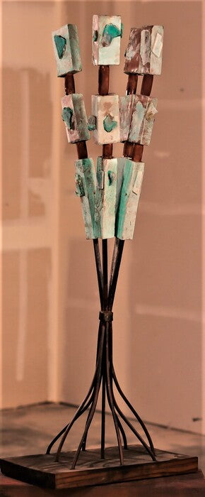 Blue Notes, 2018, mixed media, 48 x 16 x 16 in. / 121.92 x 40.64 x 40.64 cm.