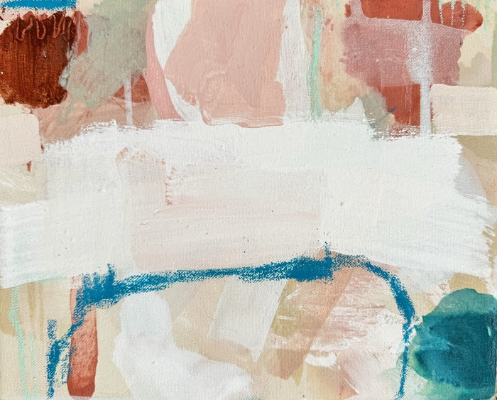 Blue, Brown, Pink I, 2024, minerals and natural resin on canvas, 8 x 9 in. / 20.32 x 22.86 cm.