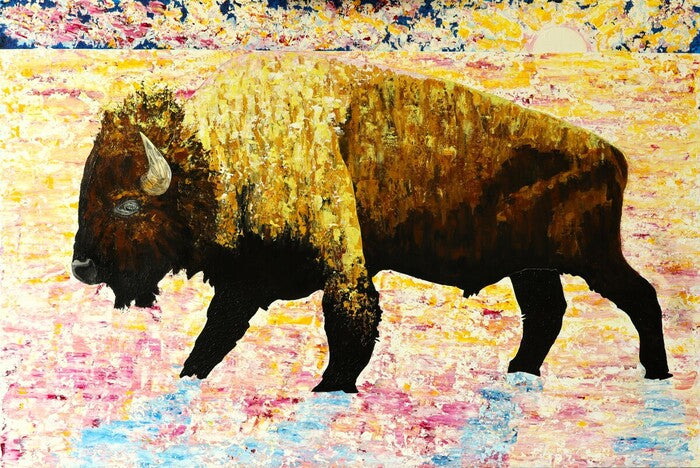 Buffalo at Winter Sunrise, 2024, acrylic on canvas, 24 x 36 in. / 60.96 x 91.44 cm.