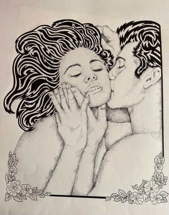 Caress to a Kiss, 2022, pen and Ink, 24 x 18 in. / 60.96 x 45.72 cm.