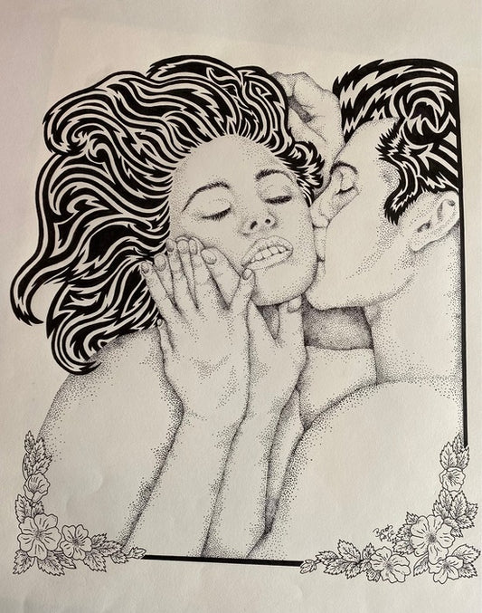 Caress to a Kiss, 2022, pen and Ink, 24 x 18 in. / 60.96 x 45.72 cm.