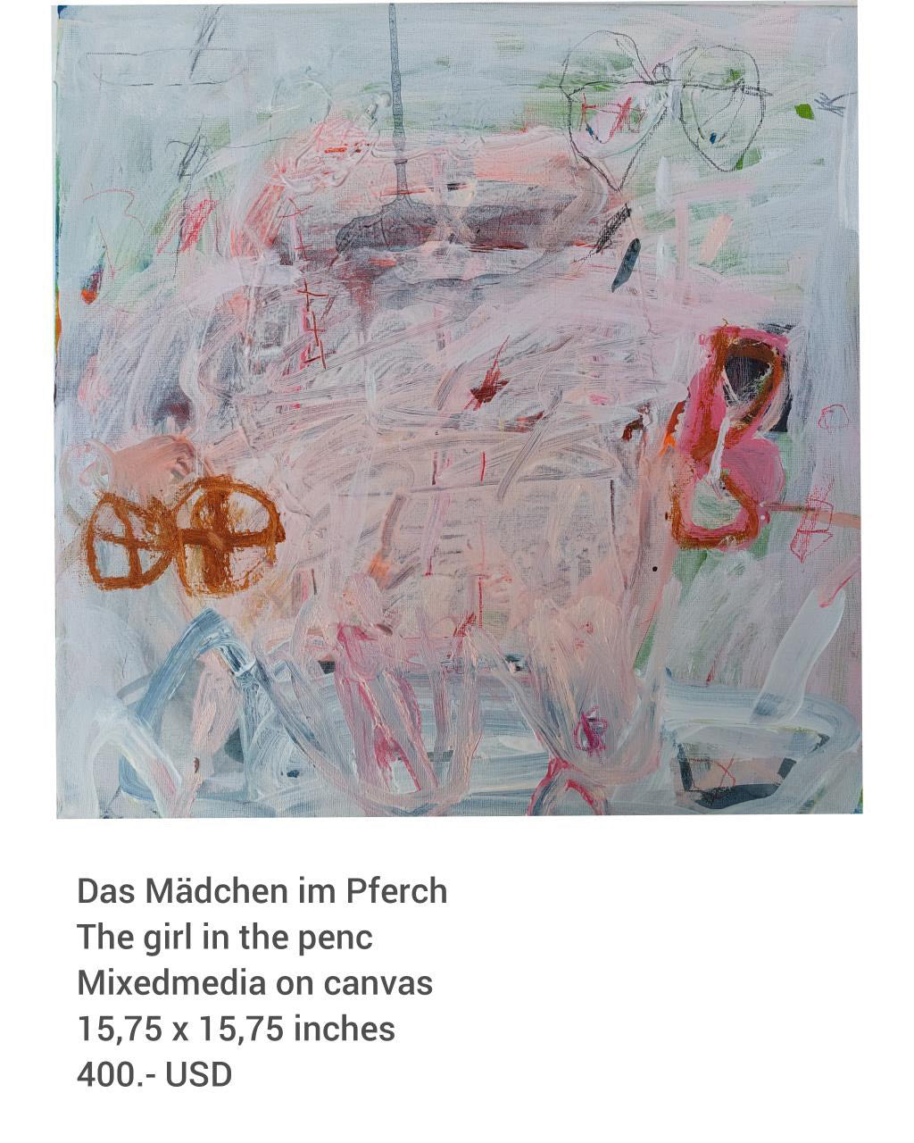 Das Mädchen im Pferch, 2023, mixed media on canvas, 15.75 x 15.75 in. / 40.005 x 40.005 cm.