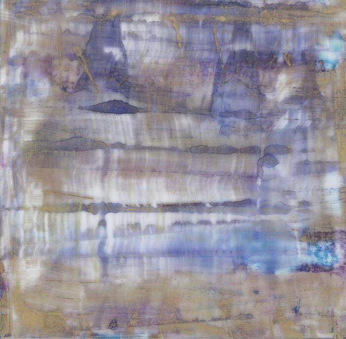 DESERT NIGHT, 2024, alcohol ink reverse painting on plexiglass, 12 x 12 in. / 30.48 x 30.48 cm.