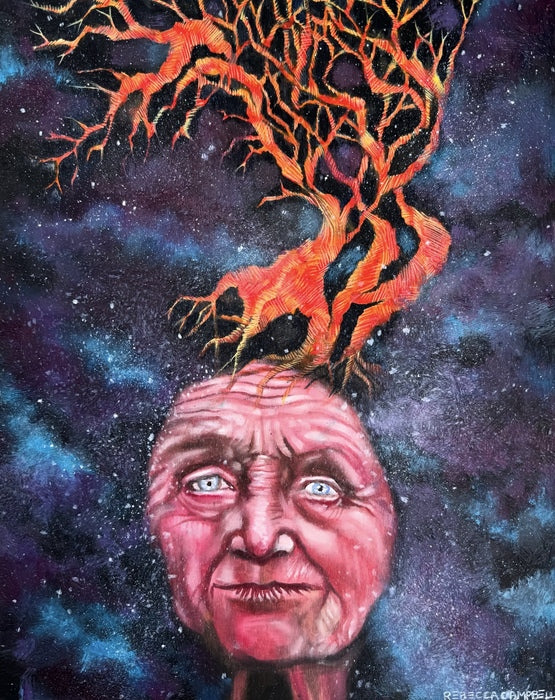 Our Ancestors Leak Their Energy Into Our Universes, 2025, oil on wood, 11 x 14 in. / 27.94 x 35.56 cm.