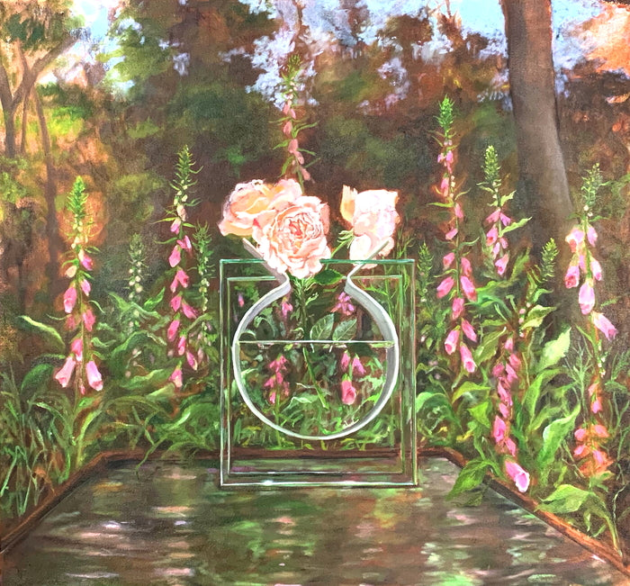 Emily Bronte Roses in a Peter Hewitt Vase, 2021, oil on canvas, 30 x 28 in. / 76.2 x 71.12 cm.