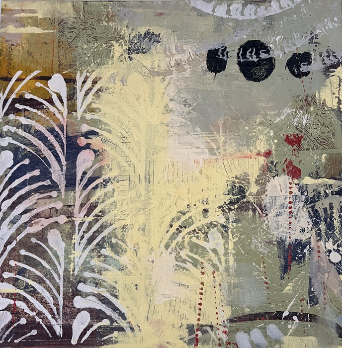Excavation, 2024, acrylic and collage, 18 x 18 in. / 45.72 x 45.72 cm.