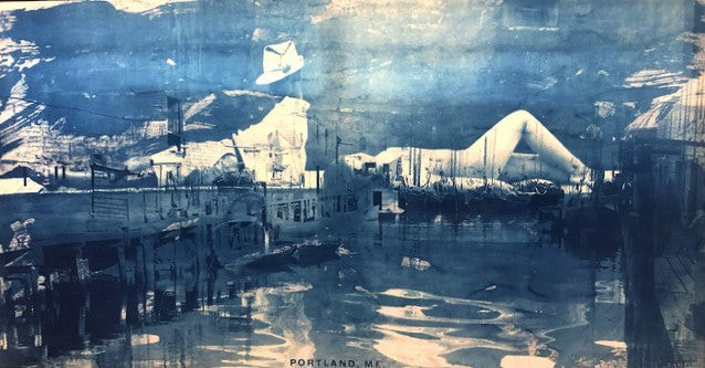 Fever Dream 1 - Lovers on Custom House Wharf, 2021, multi-exposure cyanotype on stretched canvas, 36 x 72 in. / 91.44 x 182.88 cm.