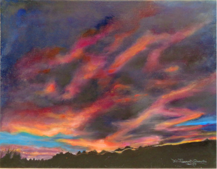 Fiery Sunset Romeroville New Mexico, 2023, oil on linen, 20 x 16 in. / 50.8 x 40.64 cm.