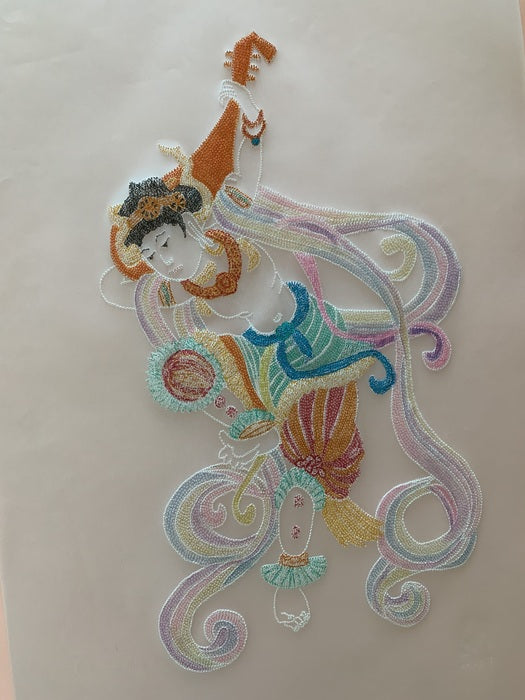 Flying Apsaras Musician 5, 2023, parch-embroiderment, 11.4 x 16.5 in. / 29 x 42 cm.