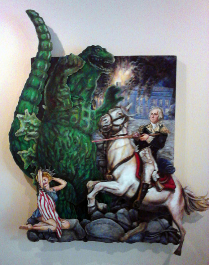 George Washington vs Godzilla, 2014, oil on masonite assemblage, 6 x 4 ft. / 72 x 48 in.