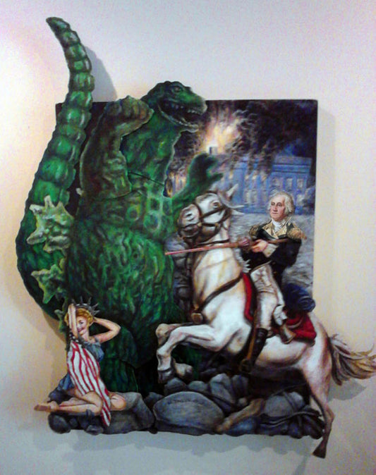 George Washington vs Godzilla, 2014, oil on masonite assemblage, 6 x 4 ft. / 72 x 48 in.